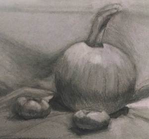 Pumpkin and persimmon charcoal drawing by Julie Holmes, art student at Studio Incamminati in Philadelphia PA