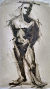 Grisaille figure painting of a male model by Julie Holmes, Raleigh, NC -based artist, studying in Philadelphia PA