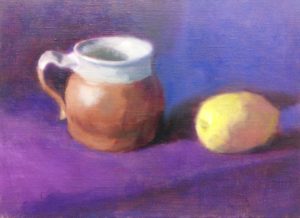 Work in progress still life showing a mug and a lemon and a different kind of stretching for Julie Dyer Holmes, fine artist in training at Studio Incamminati in Philadelphia PA