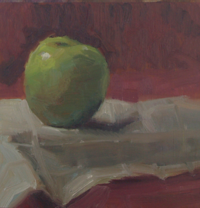 Crisp Green Apple on a tea towel 6 x 6 inch oil painting on panel for sale by Julie Dyer Holmes