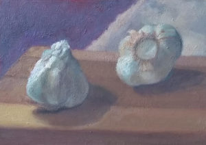 Remedy - take 2 garlic 5x7 oil painting by Julie Dyer Holmes