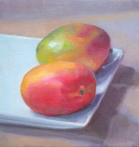 Two mangoes on a plate 8 x 8 oil painting on linen by painter Julie Dyer Holmes