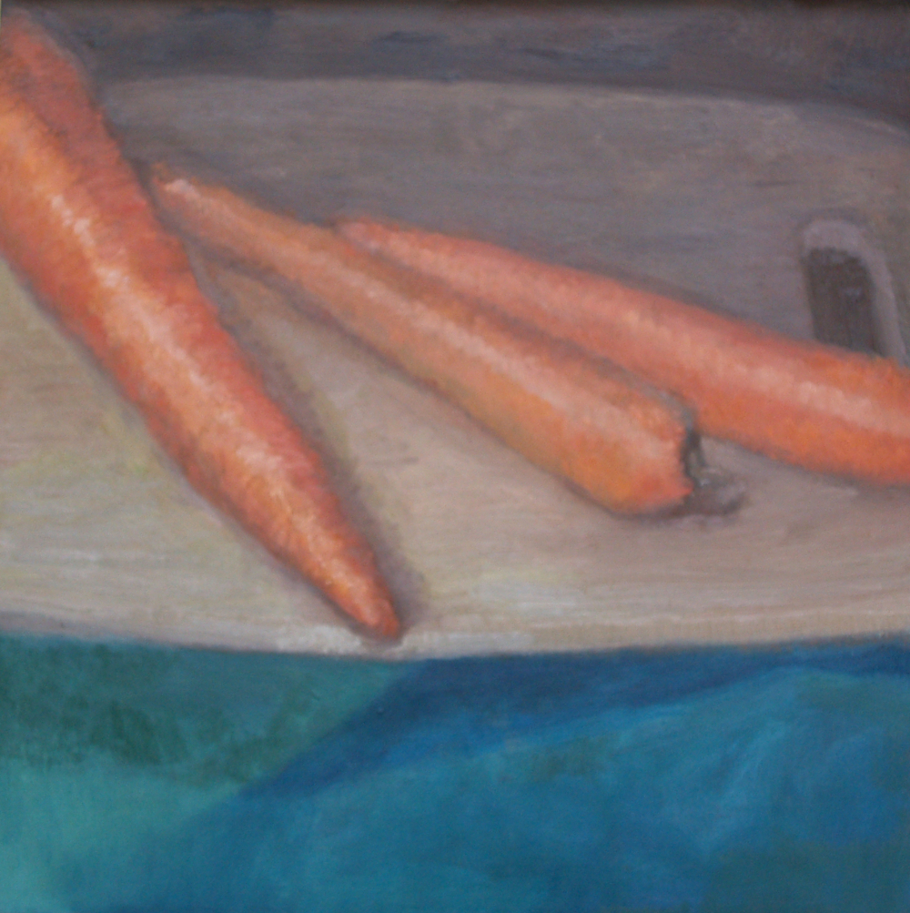 Cheerful Carrots 8x8 oil painting on panel by Julie Dyer Holmes in Raleigh NC