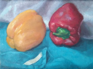 Bell Peppers 1024x764 8x8 inch oil painting on panel by Julie Dyer Holmes, painter, in Raleigh NC