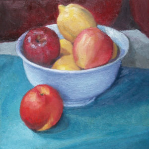 Homage to Cezanne 8x8 oil painting still life on panel by Julie Dyer Holmes Raleigh NC 5-21-20