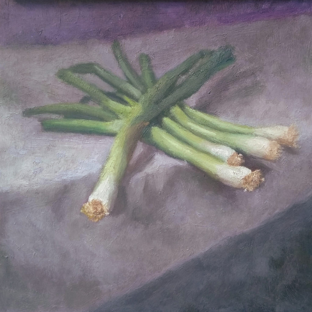 Totem - Green Onions 8x8 inch stil life oil painting on panel by Julie Dyer Holmes in Raleigh NC