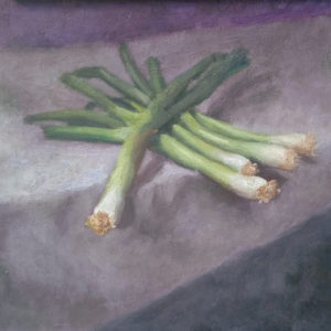 Totem - Green Onions 8x8 inch stil life oil painting on panel by Julie Dyer Holmes in Raleigh NC