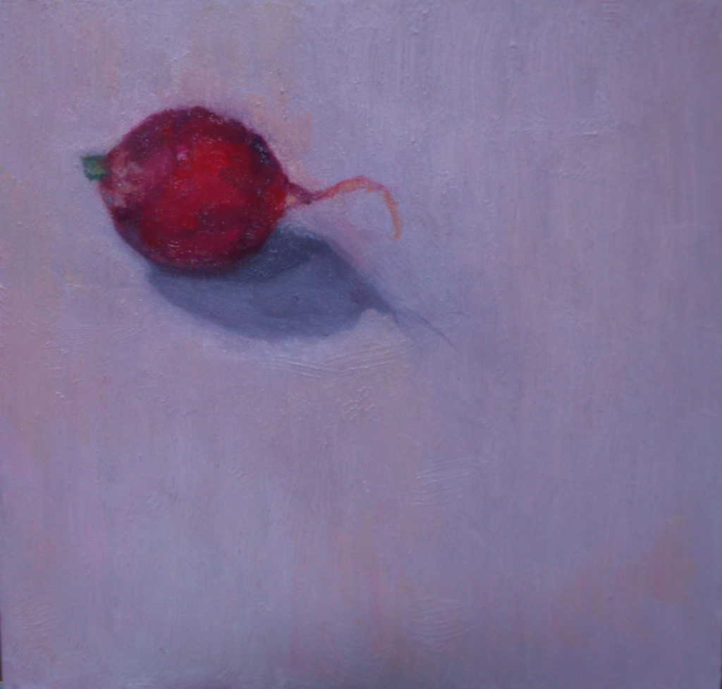 Radish in Self Quarantine a 5x5 inch still life oil painting on panel for sale for $195 by Fine Artist Julie Dyer Holmes located in Raleigh NCg