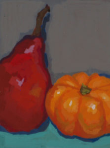 Red pear and pumpkin gouache painting by Julie Dyer Holmes