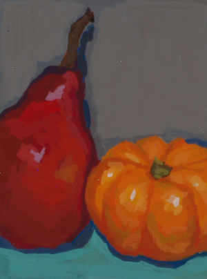 Red pear and pumpkin gouache painting by Julie Dyer Holmes
