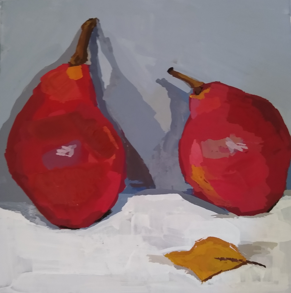 Two red pears and a leaf gouache painting by Julie Dyer Holmes
