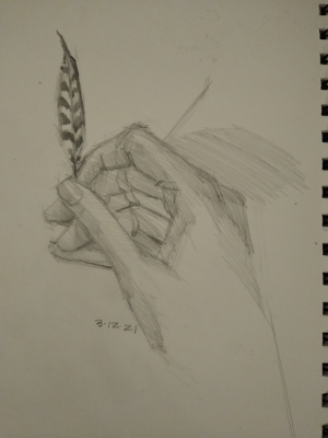 Hand holding feather graphite drawing by Julie Dyer Holmes