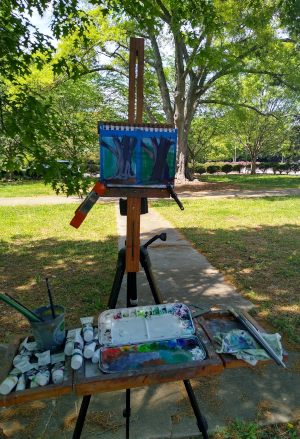 View of plein air set up for plein air painter Julie Dyer Holmes on April 14 2021