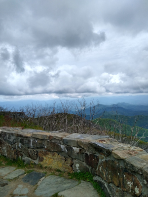 Wayah Bald Tower View with plaque commemorating Forest Ranger John Bernard Byrne 9-29-1897 to 10-30-1934