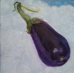 When Eggplants Fly 5x5 inch oil painting on cradled panel by Julie Dyer Holmes