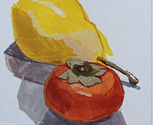 Part-Two-Pear-and-Persimmon-painting-3-SFW-by-Julie-Dyer-Holmes