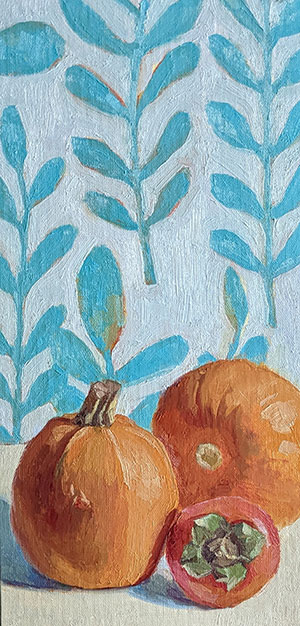 Fa la la la la plus pumpkins and persimmon oil painting by Julie Dyer Holmes