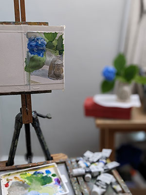 Set-up-for-Bursts-of-Blue-Gouache-Painting-by-Julie-Dyer-Holmes