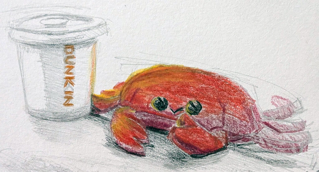 Follow Crispy the Crab 7x5 inch colored pencil sketch